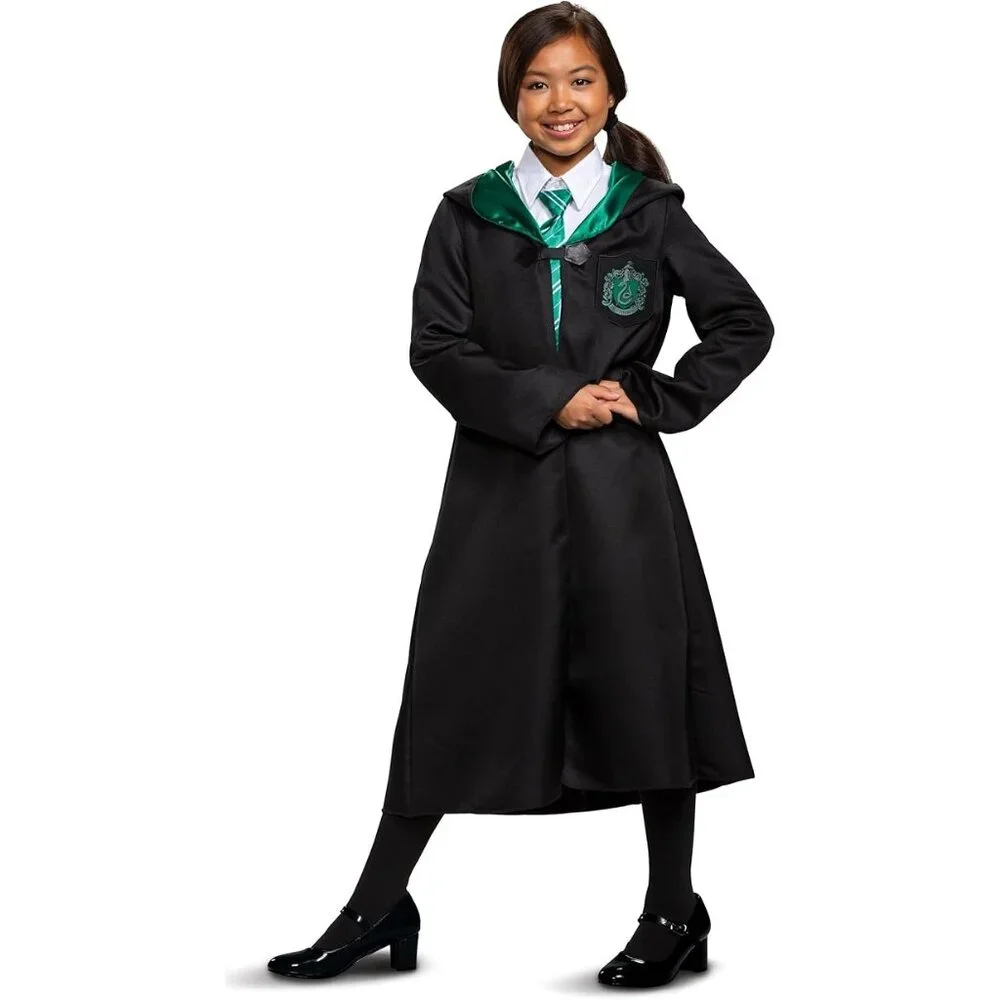 Harry Potter Slytherine Kids Costume 7-8 Robe Cloak Hogwarts and Draco Wand